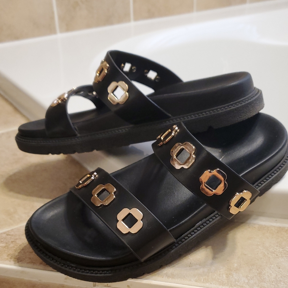 Nicole Miller Black Sandals with Gold Details